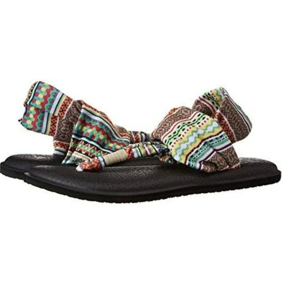 Sanuk Yoga Sling 2 Flip Flop Sandals Women's 8 Black Natural Koa Tribal Beach - Picture 1 of 9